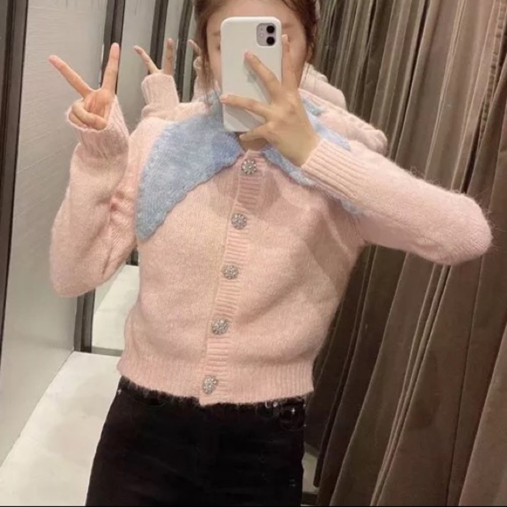 Cardigan sweater stone button pink blue collar short sweater knit - Picture 8 of 11